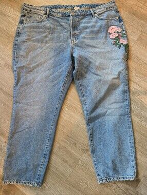 H&M Light Blue High Waist Slim Ankle Flower Embroidery Plus Size 24 Jeans Denim